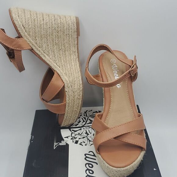 Weeboo Tan Mid High Heel Wedge Strappy Buckle Espadrille Sandals Size 7.5 - Picture 12 of 17